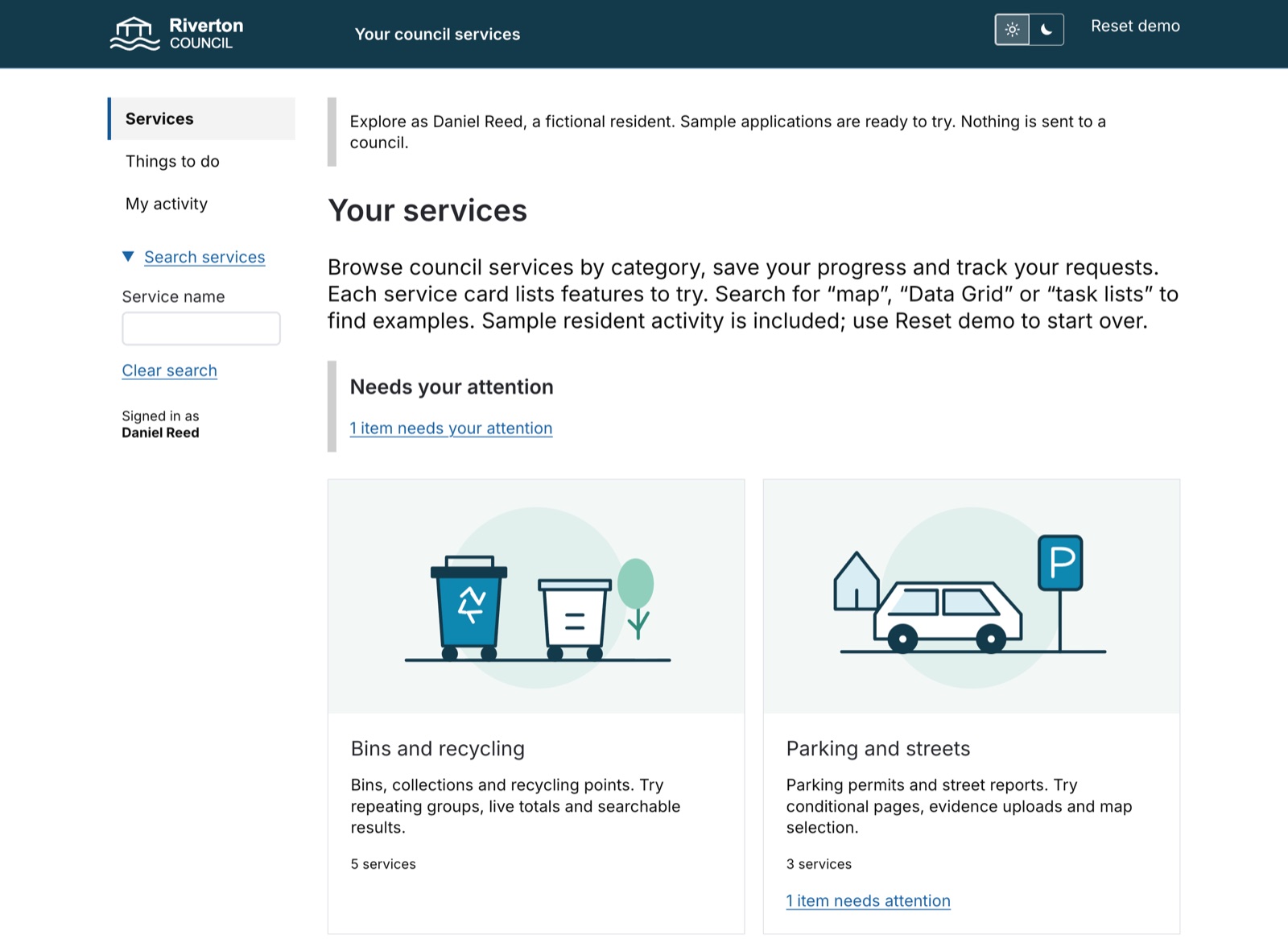 Riverton Council portal for a fictional resident, showing service categories and an item that needs attention